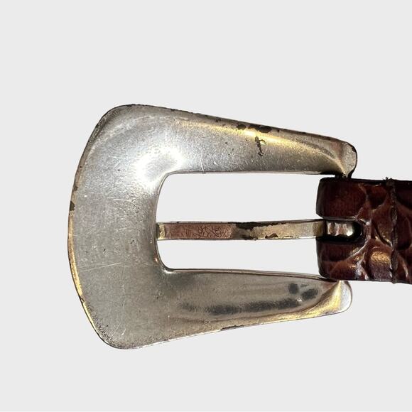 Lake Shore Drive Leather Belt Size M Silvertone Ornate Buckle Hinge Inserts Boho - Picture 5 of 14